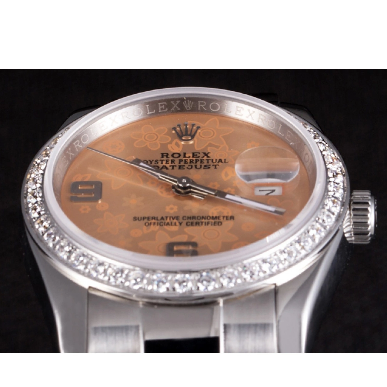 Best AAA Replica Sites Flowers Steel Diamond Rolex Dial Plated Datejust Orange Polished Stainless 0626